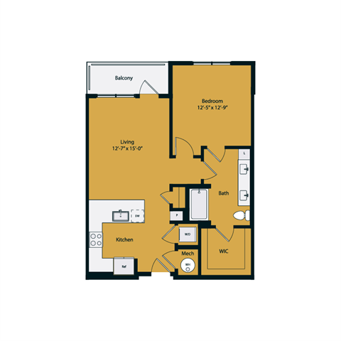Floor plan for 1 bed, 1 bath, 797 sqft